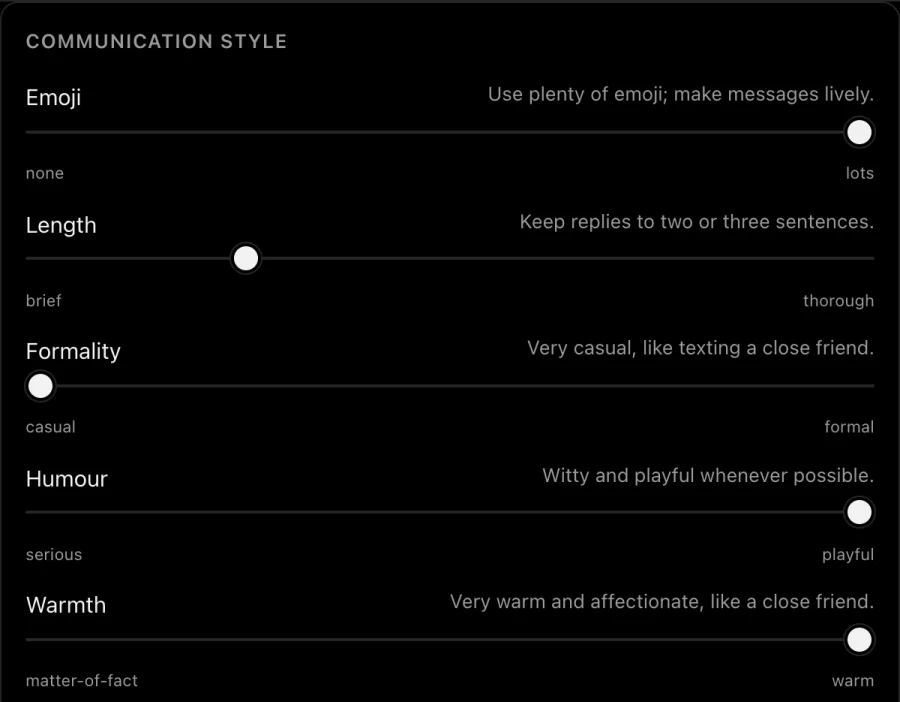 Communication style sliders: emoji at lots, length brief, formality casual, humour playful, warmth warm.