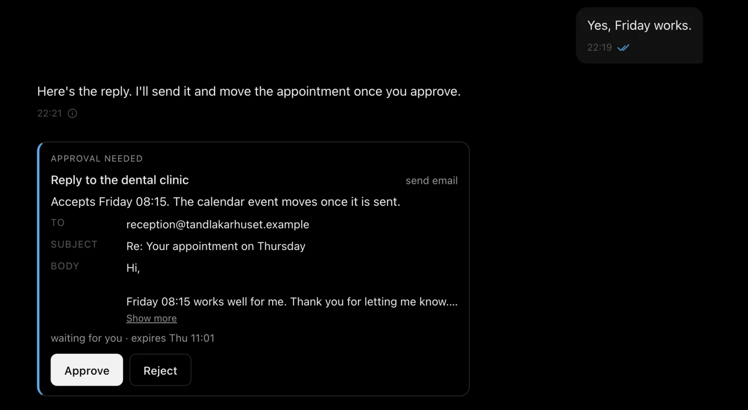 Mail and Calendar asks for approval to send a reply to the dental clinic, showing the recipient, subject and text, with Approve and Reject.
