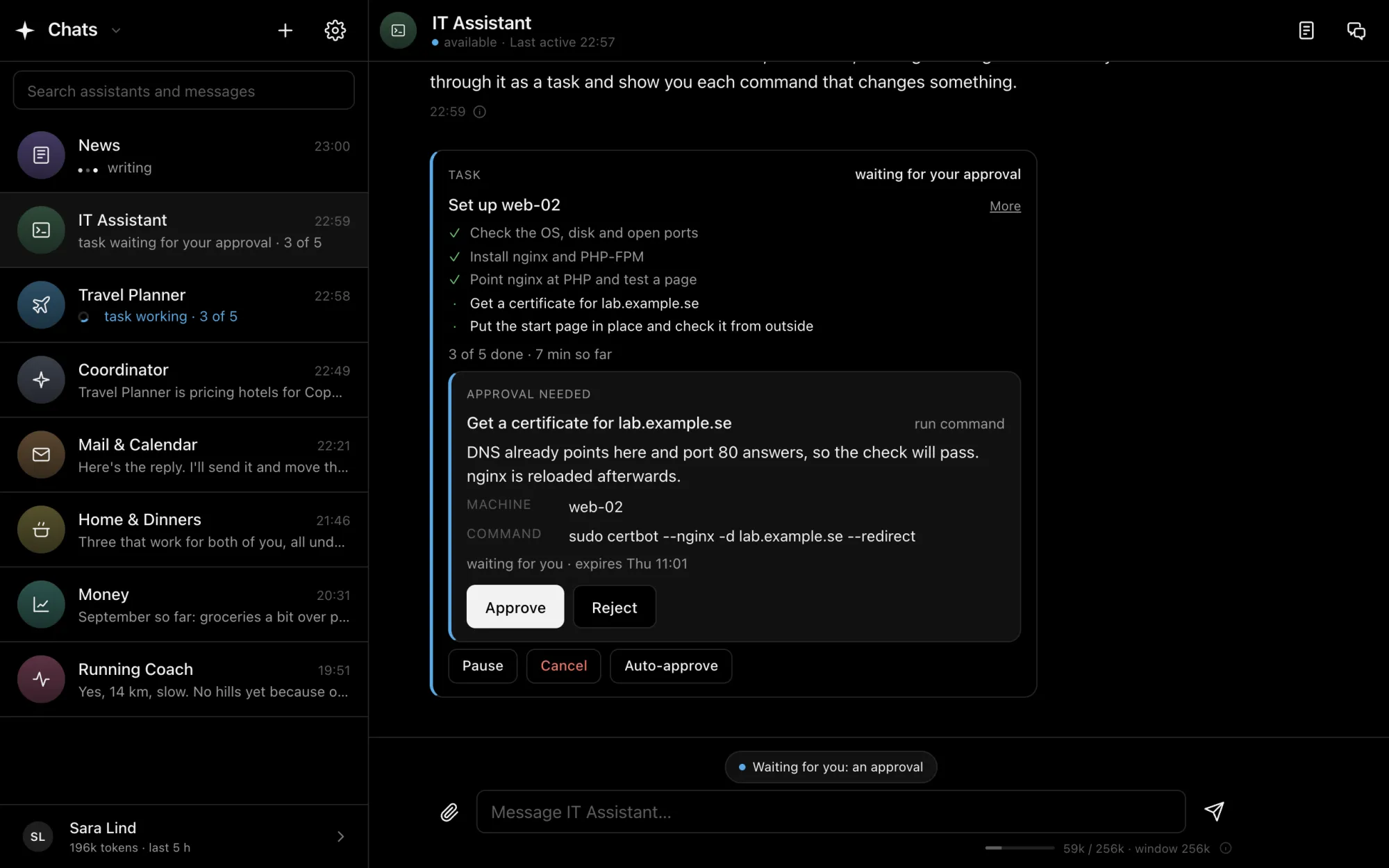 The IT Assistant setting up web-02: nginx and PHP installed, and the certificate command waiting for approval inside the task.