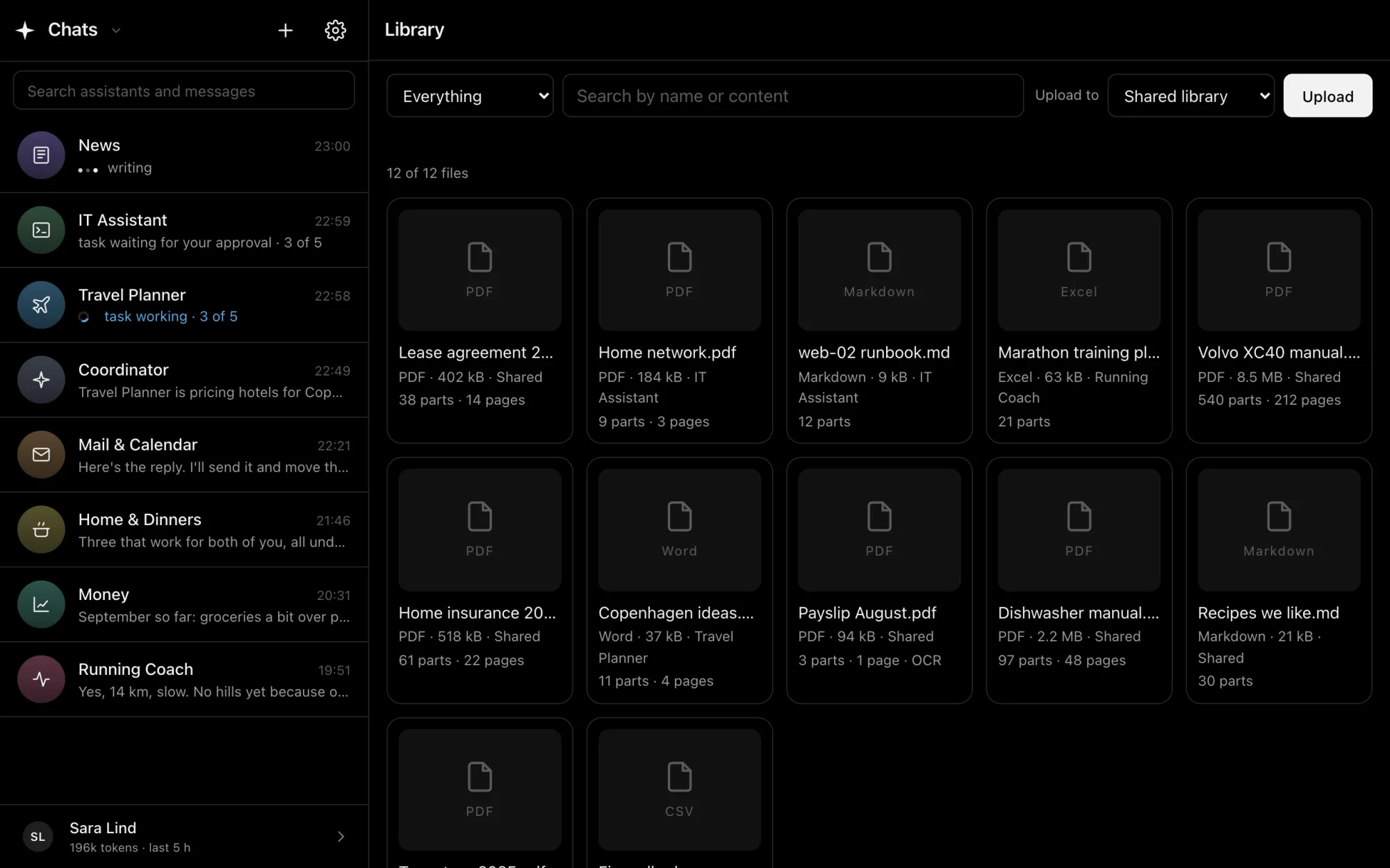 The library: twelve documents such as a lease agreement, a car manual, a server runbook and a training plan, each shared or kept with one assistant.