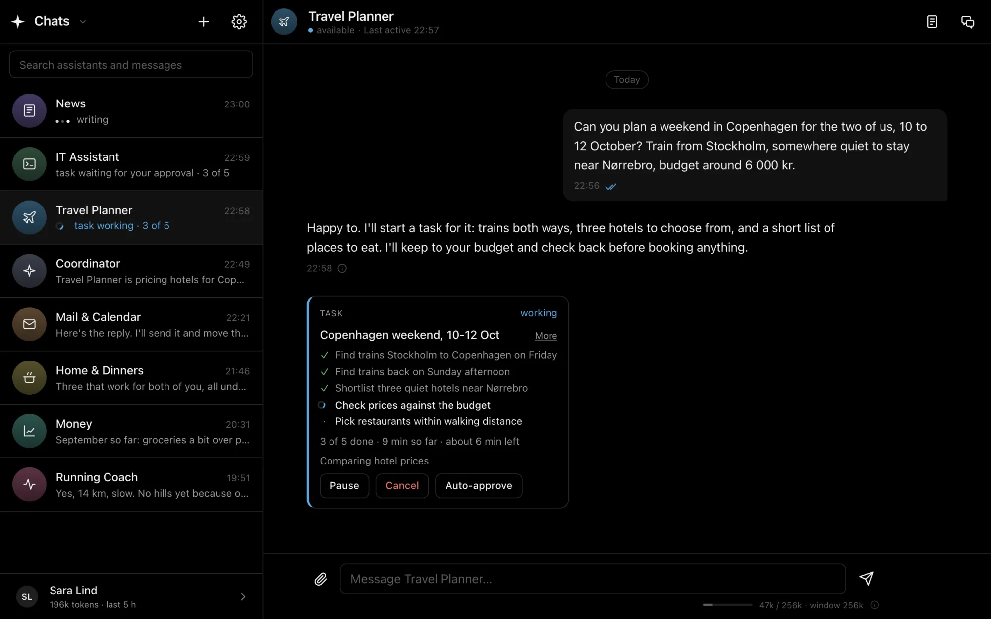 Proxlab AI on a desktop: a chat list of eight assistants, News writing a reply, and Travel Planner working through a task to plan a weekend in Copenhagen.