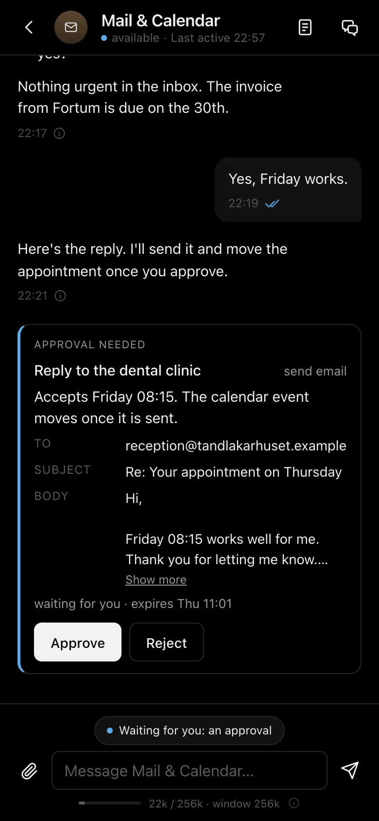 An email reply waiting for approval on a phone.