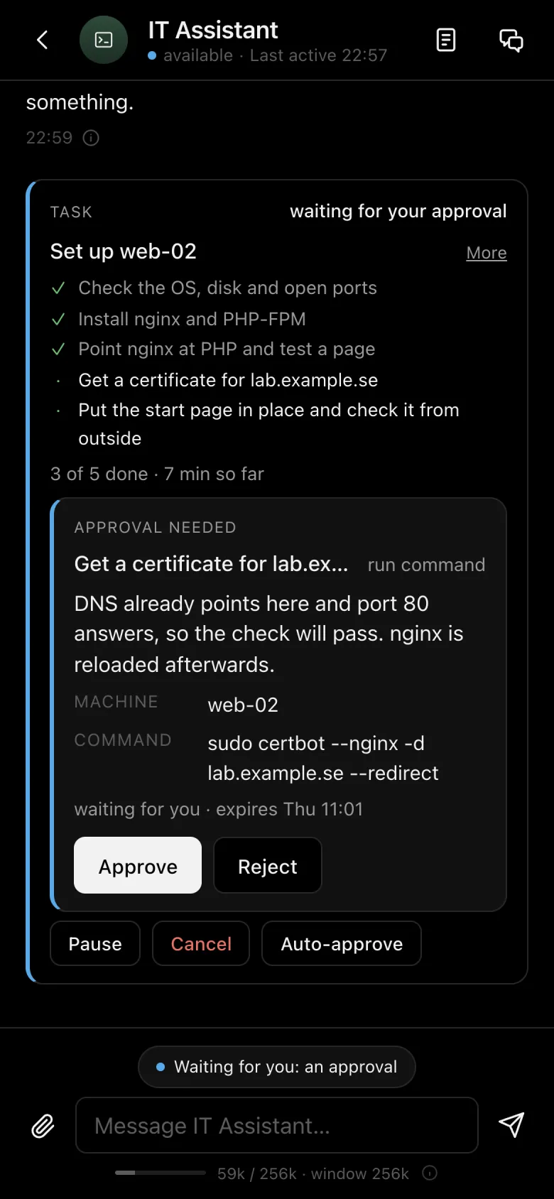 The IT Assistant's task to set up web-02 on a phone: three of five steps done, and a command waiting for approval.