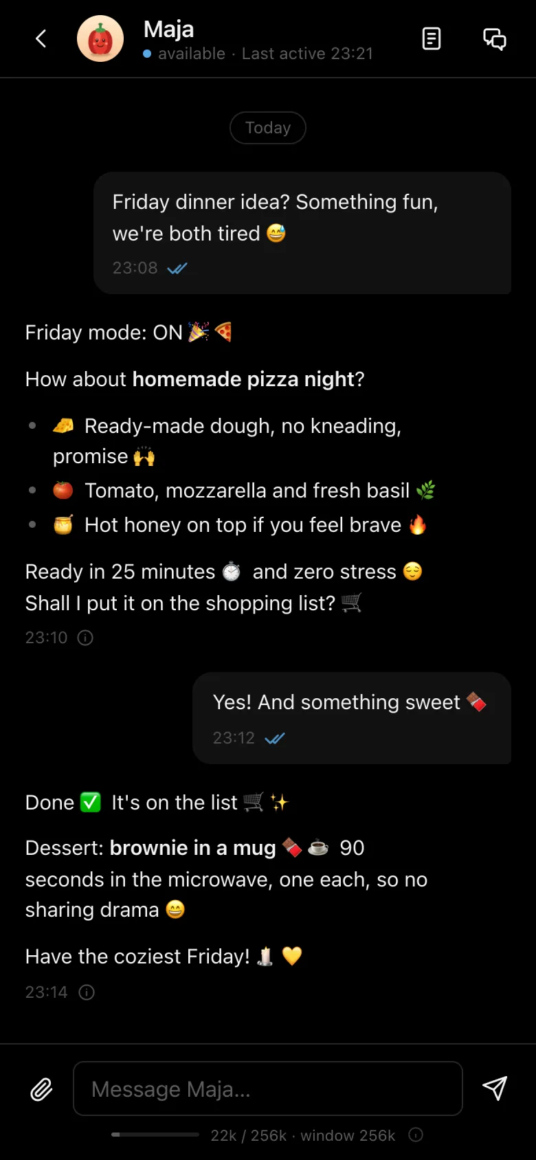 Maja on a phone suggesting a homemade pizza night and a brownie in a mug, full of emoji.