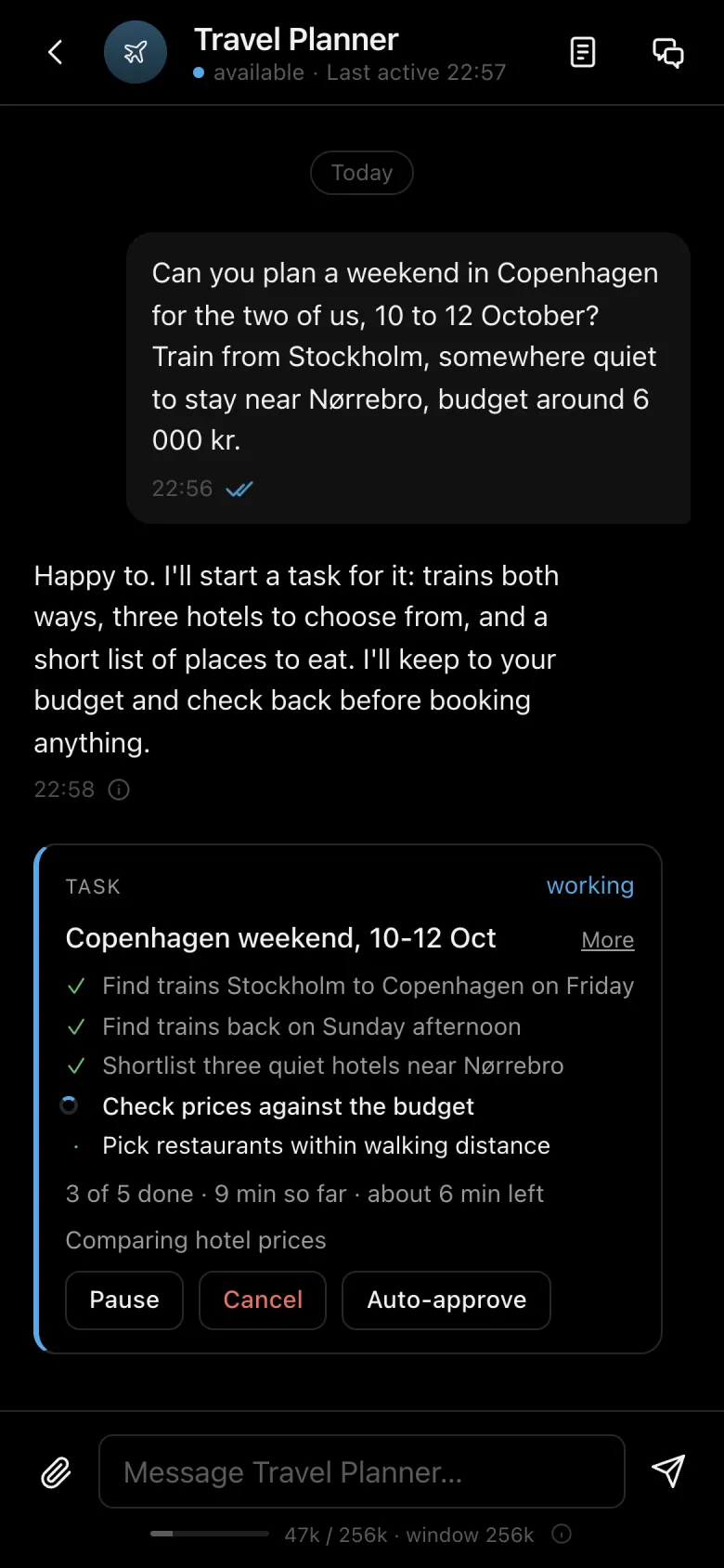 The Travel Planner planning a weekend in Copenhagen on a phone: trains, hotels and restaurants as a task.